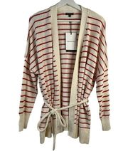 Who What Wear Ivory Red Striped Knit Open Wrap Self Tie Cardigan Sweater Size XL