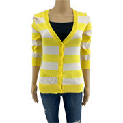 Derek Heart (L) Y2K Yellow Striped 3/4 Sleeve Button Up Cardigan Sweater Fitted