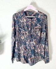 Peruvian Connection Dark Floral Collarless Button Up Long Sleeve Top in Size M