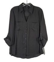 BCX Blouse Women's Large Black Button Up Button Cuff 3/4 Sleeve Collared Sheer