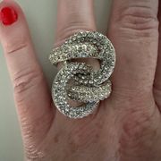 Silver Tone Rhinestone Looped Cocktail Ring Size 7.5