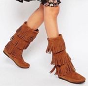 nwot  suede moccasin layered fringe calf high boots Size 6