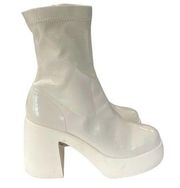ASOS DESIGN Ember high heeled sock chunky heel boots in off white patent