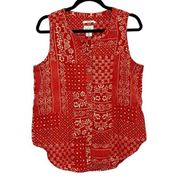 Nicole Miller Red White Paisley Print Sleeveless Linen Tank Top Shirt Buttons M