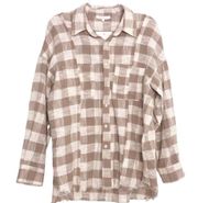 Olivaceous Oversized Button Shirt Taylor Checkered Frayed Hem Long Shacket