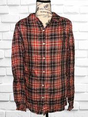 Women’s Size Large Red Tartan Plaid Button Down Shirt • Shirred Cuffs