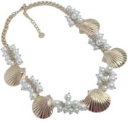 Talbots Faux Pearl & Gold Tone Shell Statement Necklace