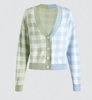 Cider Checkered Fitted Crop Plaid Cardigan Sweater Green Blue Size Large