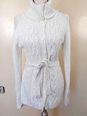 It's Our Time Size Medium M Long Sweater Tie Comfy Knit Button Long Sleeve Ivory