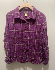 Cabelas Womens L Flannel Shirt Button Pink Purple Plaid Long Sleeve Cotton