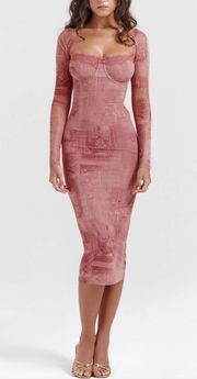 Corset Mesh Midi Dress, pink retro print, fitted long sleeves, lace up back