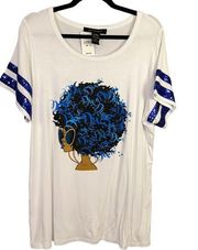 Ashley Stewart Sequin Curly Afro Diva Blue White Women's 14-16 Graphic Tee