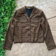 Erika Brooke Tweed Plaid Shimmer Cropped Buttoned Jacket Olive Black Tan Size M