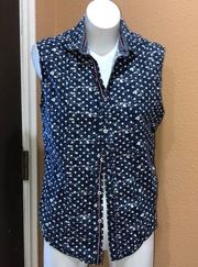 Denim and flower sleeveless button up shirt