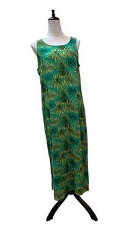 Notations Clothing Palm Leaf Teal Green Scoop Neck Sleeveless Maxi Dress Size M