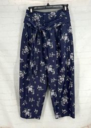 Club Monaco High-Waisted Cropped Floral Blue Linen Pants 00