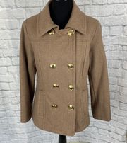 women 14 wool blend tan peacoat w/quilted lining & gold buttons