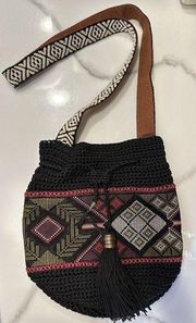 THE SAK Black Multicolor Crochet Bucket Hobo Bag Drawstring Purse Aztec Western