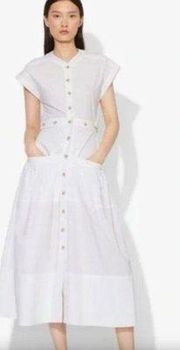 Proenza Schouler Short Sleeve Buttoned Cotton Dress, White Midi Poplin
