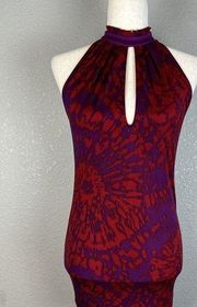 Marciano Womens y2k Bodycon Mini Halter Dress S Small Purple Red Batik Silk Knit