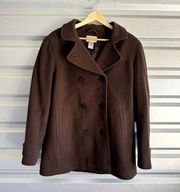 L.L Bean Coat Womens Size 12 Lambswool Brown Peacoat Double Breasted Pockets