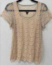 Ann Taylor Women's Blouse Top Scoop Lace Overlay Short Sleeve Fitted Beige Sz M
