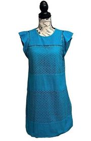 Michael Kors Blue Eyelet Crochet Flutter Sleeve Modest Minimal Mini Dress M