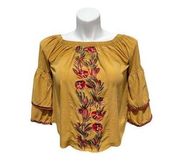 Solitaire Women's Boho Peasant Bell Sleeve Blouse Top Floral Embroidered Small