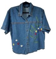 Vintage Denim Floral Embroidered Button Up Short Sleeve Shirt