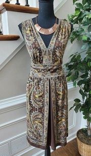 Perceptions Brown Floral V-Neck Knee Length Dress