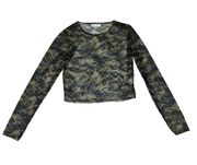 Wild Honey Womens Y2K Sheer Long Sleeve Camo Top, Stretch Blouse, Green S NWOT