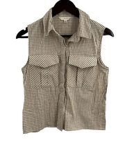 Sim & Sam Button Down Sleeveless Pockets Tan and White Gingham Size Small