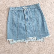 Honey Punch panel distressed raw hem denim skirt