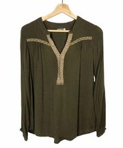 Earthbound Flowy Boho Olive Green Embroidered V-Neck Long Sleeve Top M