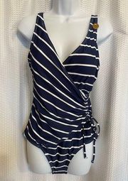 Niptuck Swim navy blue white stripe one-piece swimsuit size 10 NWT