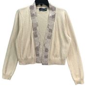 Magaschoni Womens Cashmere Cardigan Sweater Size L Tan Beaded Cropped Open Front