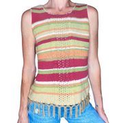 Vintage Susan Bristol Crochet Stripe Bohemian Silk Fringe Tank Top