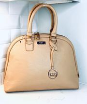 BCBG Maxazria Double Handle Tan Leather Large Bowling Handbag 15”x 11.5" x 5"