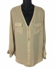 Anne Klein champagne roll sleeve zip neck blouse