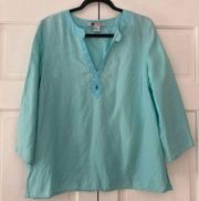 Carole Little Linen Blue Beaded Three Quarter Sleeve Blouse Size Large