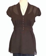 Brown Sheer Sleeveless Top with Empire Waistline Ties and Built-in Cami •Size Medium