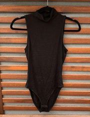 AQUA Basic Black Backless Cut Out Mock Neck Bodysuit XS Made in USA $60