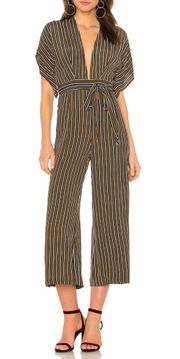 Faithfull the Brand Cedric Jumpsuit Gold Stripe Plunging Neckline, XS US 2 AUS 6