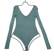 Hera Collection Womens Medium Sage Green Ribbed Long Sleeve Thong Bodysuit