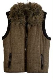 Bb Dakota Vest Brown Faux Fur Collar Woven Knit Panel Full Zip Size L
