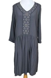 Garnet Hill Dress 6 Gray Embroidered Boho Pockets‎ 3/4 Sleeve A-Line Pleated