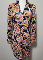 Tracy Negoshian Navy Orange Paisley Collared Long Sleeve Dress Size Medium