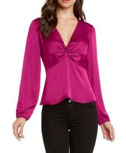 WILLOW & CLAY Womens Magenta Knot Front Satin Top V Neck Blouse