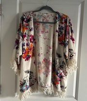 Floral Kimono Womens Medium Cream Pink Blue Fringe Open Front Topp…