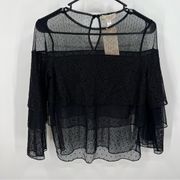 Soulmates Women Black Sheer Lace Ruffle Quarter Sleeve Dark Academia Blouse S